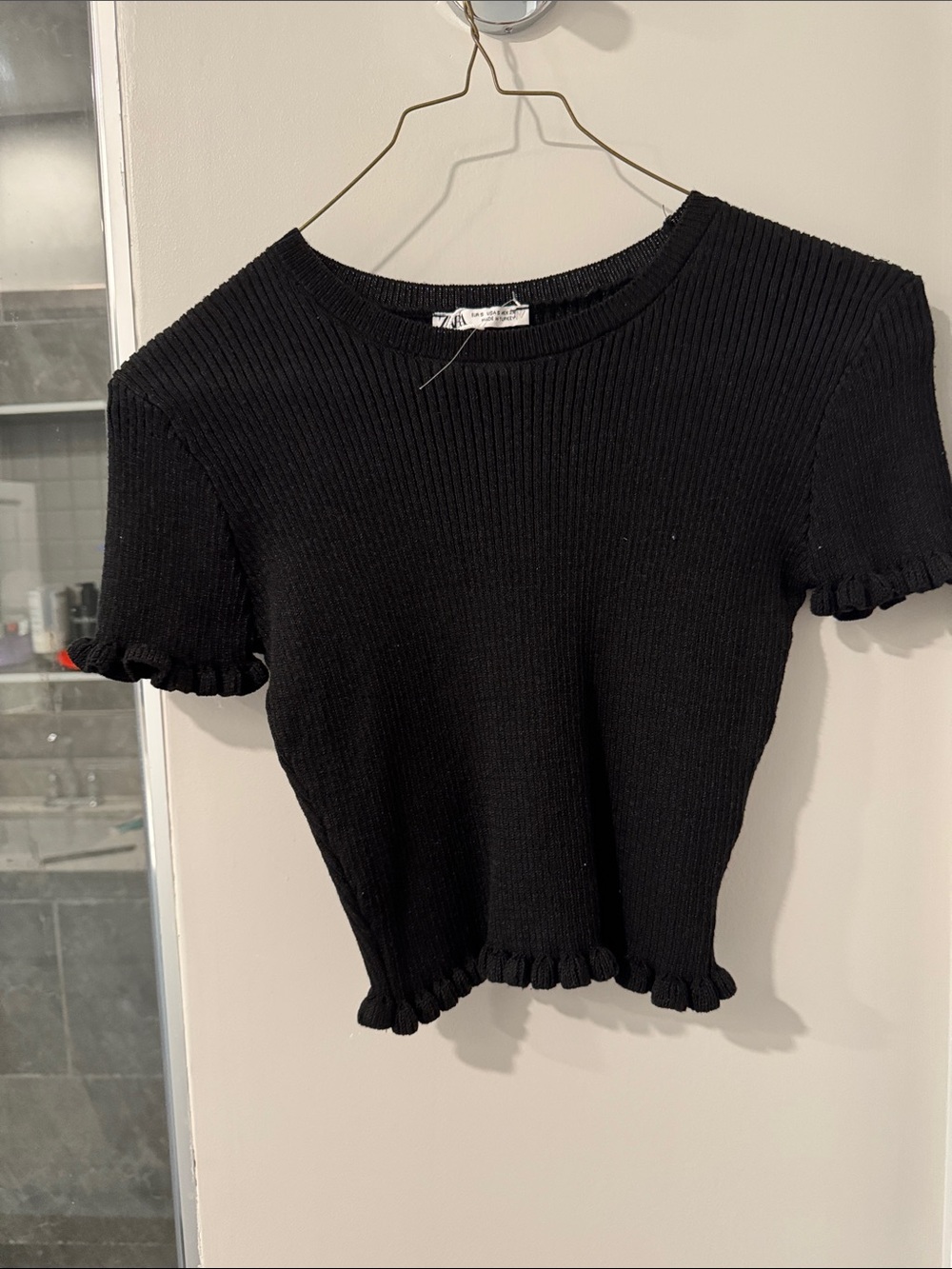 Zara Black Ribbed Ruffle-Trim Crop Top